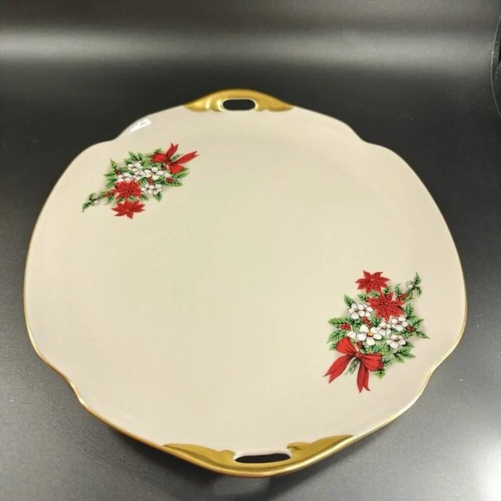 Pickard China Hand Decorated Poinsettia Plate Platter Porcelain USA Holiday VTG‎